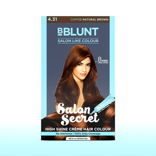 BBlunt Salon Secret High Shine Crème Hair Colour – Coffee Natural Brown 4.31, 100g packaging