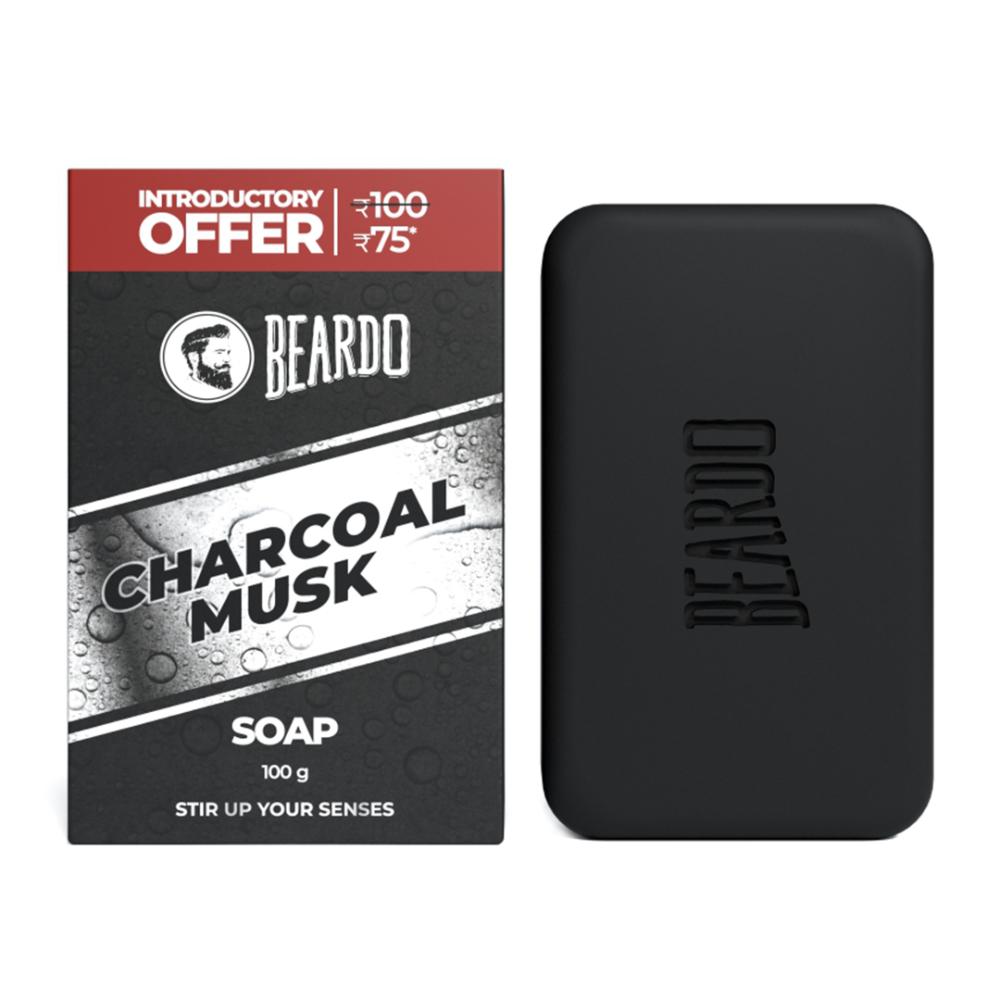 Beardo Activated Charcoal Musk Soap 100g bar with packaging.