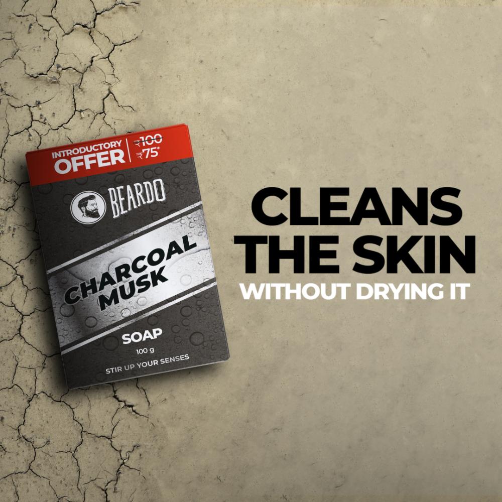 Beardo Activated Charcoal Musk Soap highlighting its natural ingredients.