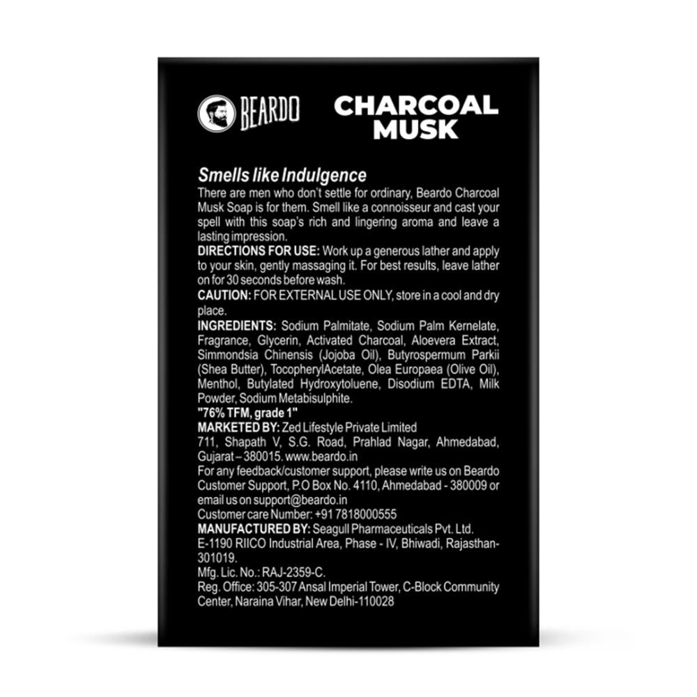 Beardo Activated Charcoal Musk Soap showcasing its packaging design.
