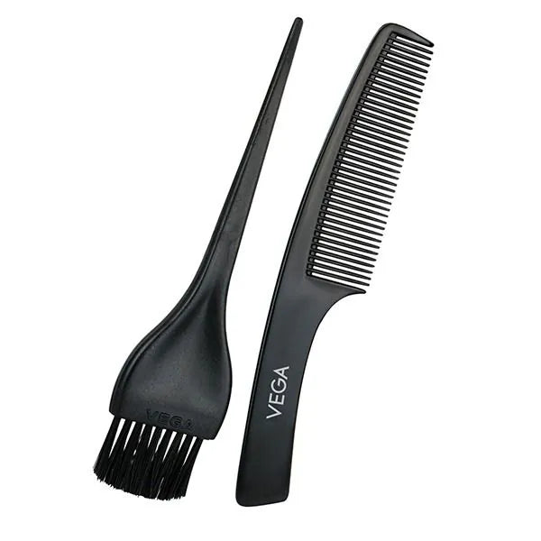 Black hairbrush and comb set with 'Vega' branding on a white background