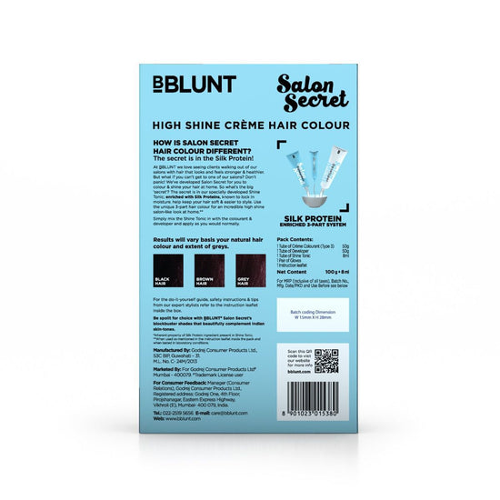 Contents of BBLUNT Hair Colour kit: Colourant, Developer, Shine Tonic.